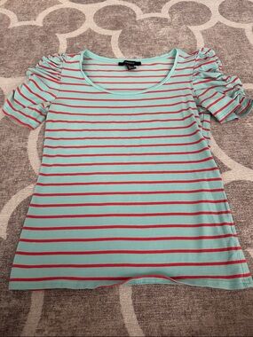 Forever 21 Light Blue and Coral Striped Ruched Sleeve Tee